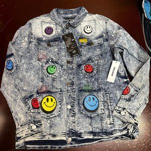 Reason Mens Blue Smiles Multi Pocket Long Sleeve Denim Trucker Jacket Size XXL